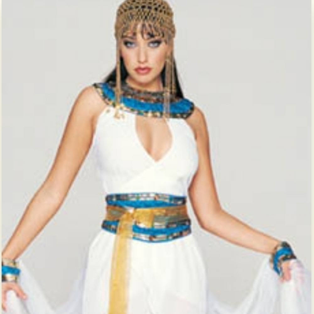 White and Gold Dress with Blue Accents